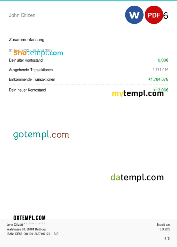 editable template, Germany N26 bank statement, Word and PDF template, 5 pages (in German language)