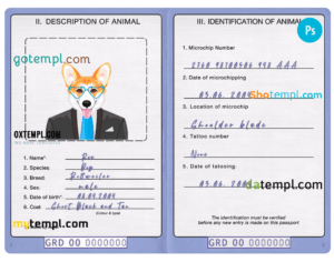 FREE editable template, Grenada dog (animal, pet) passport PSD template, fully editable