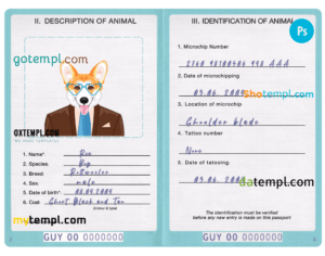 FREE editable template, Guyana dog (animal, pet) passport PSD template, fully editable