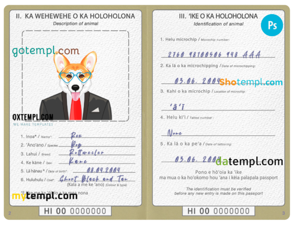 FREE editable template, Hawaii dog (animal, pet) passport PSD template, completely editable
