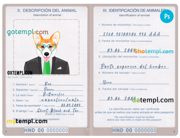 FREE editable template, Honduras dog (animal, pet) passport PSD template, fully editable