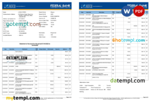 editable template, India Federal bank account statement, Word and PDF template, 3 pages