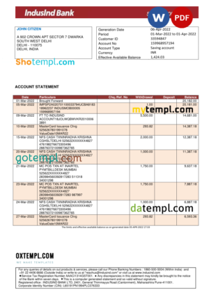 editable template, India IndusInd bank statement, Word and PDF template