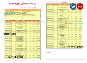 editable template, India Union Bank of India bank statement Word and PDF template, 2 pages