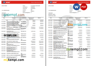 editable template, India Kotak Mahindra bank statement Word and PDF template, 7 pages