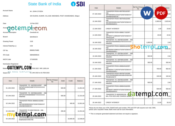 editable template, India State Bank of India (SBI) bank statement Word and PDF template, 2 pages