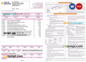 editable template, India Indian bank credit card statement, Word and PDF template, 2 pages