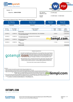 editable template, Indonesia BRIsyariah bank e-Statement, Word and PDF template