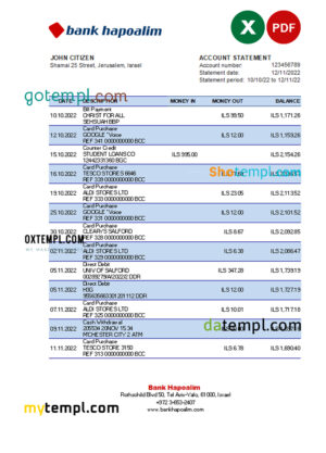 editable template, Israel Hapoalim bank statement Excel and PDF template