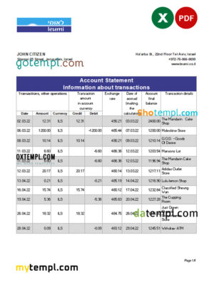 editable template, Israel Leumi bank statement Excel and PDF template