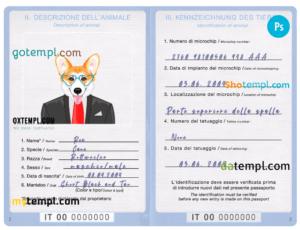 FREE editable template, Italy dog (animal, pet) passport PSD template, completely editable
