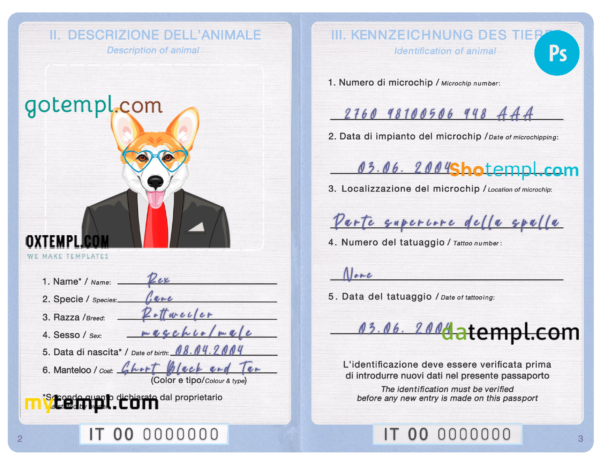 FREE editable template, Italy dog (animal, pet) passport PSD template, completely editable