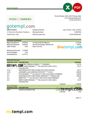 editable template, Italy Intesa Sanpaolo bank statement Excel and PDF template