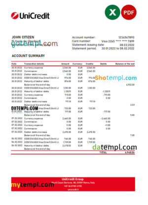 editable template, Italy Unicredit bank statement Excel and PDF template