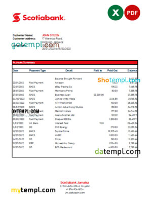editable template, Jamaica Scotiabank bank statement Excel and PDF template