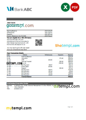 editable template, Jordan ABC bank statement Excel and PDF template