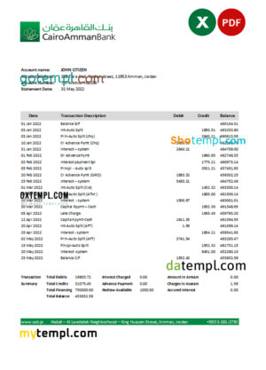 editable template, Jordan Cairo Amman bank statement Excel and PDF template