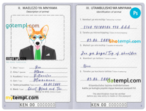 FREE editable template, Kenya dog (animal, pet) passport PSD template, completely editable