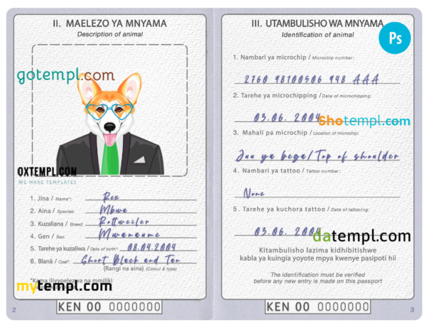 FREE editable template, Kenya dog (animal, pet) passport PSD template, completely editable