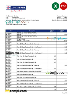 editable template, Kenya Guardian Bank statement Excel and PDF template