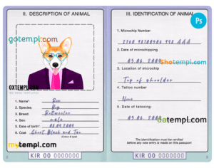 FREE editable template, Kiribati dog (animal, pet) passport PSD template, fully editable