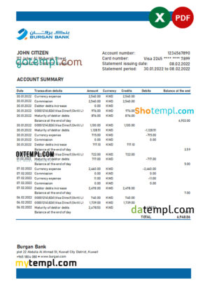 editable template, Kuwait Burgan bank statement Excel and PDF template