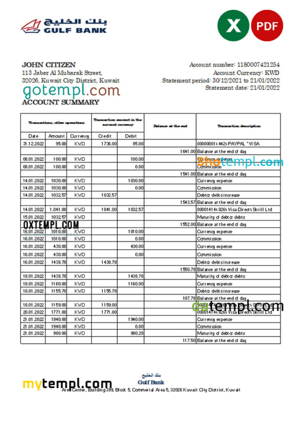 editable template, Kuwait Gulf bank statement Excel and PDF template