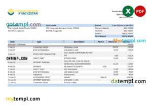 editable template, Kyrgyzstan Commercial bank statement Excel and PDF template