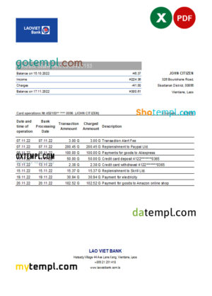 editable template, Laos Lao Viet bank statement Excel and PDF template