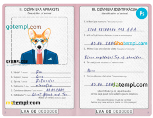 FREE editable template, Latvia dog (animal, pet) passport PSD template, fully editable