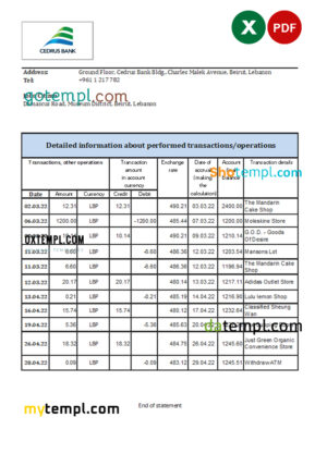 editable template, Lebanon Cedrus bank statement Excel and PDF template