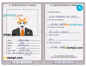 FREE editable template, Lesotho dog (animal, pet) passport PSD template, completely editable