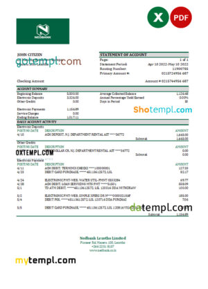 editable template, Lesotho Nedbaank bank statement Excel and PDF template