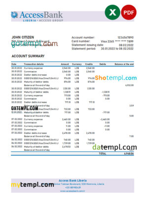 editable template, Liberia Access Bank statement Excel and PDF template