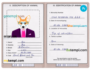 FREE editable template, Liberia dog (animal, pet) passport PSD template, fully editable
