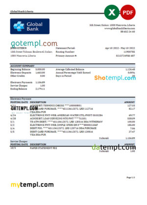 editable template, Liberia Global Bank statement Excel and PDF template