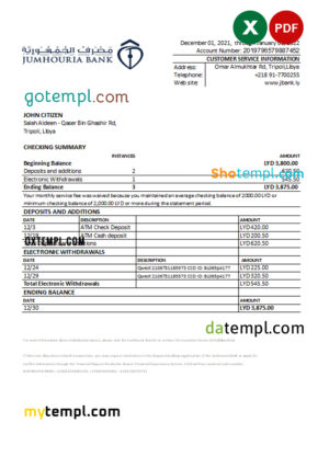 editable template, Libya Jumhouria bank statement Excel and PDF template