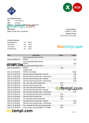 editable template, Liechtenstein LGT bank statement Excel and PDF template