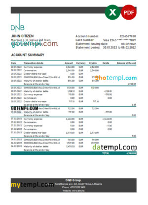 editable template, Lithuania DNB bank statement Excel and PDF template