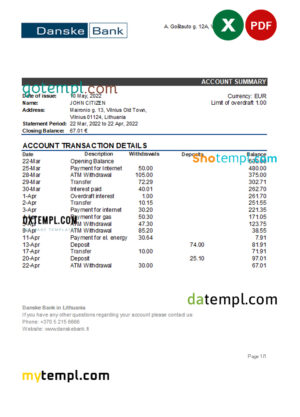 editable template, Lithuania Danske bank statement Excel and PDF template