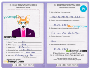 FREE editable template, Luxembourg dog (animal, pet) passport PSD template, fully editable