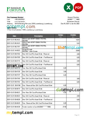editable template, Luxembourg Fortuna Banque bank statement Excel and PDF template