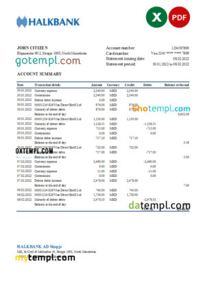 editable template, Macedonia Halkbank bank statement Excel and PDF template