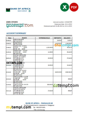 editable template, Madagascar Bank of Africa bank statement Excel and PDF template