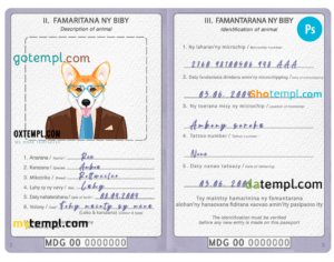 FREE editable template, Madagascar dog (animal, pet) passport PSD template, fully editable
