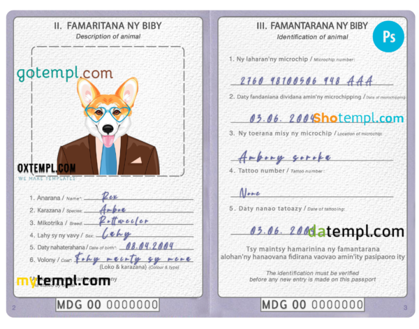 FREE editable template, Madagascar dog (animal, pet) passport PSD template, fully editable