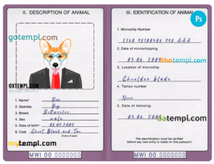 FREE editable template, Malawi dog (animal, pet) passport PSD template, completely editable