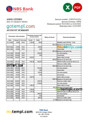 editable template, Malawi NBS bank statement Excel and PDF template
