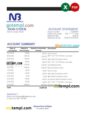 editable template, Malawi National Bank of Malawi bank statement Excel and PDF template