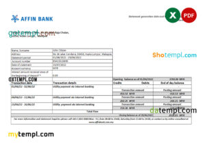 editable template, Malaysia Affin Bank statement Excel and PDF template